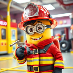 A female Minion dressed as a firefighter, complete with a bright red firefighter uniform featuring reflective stripes and a sturdy helmet adorned with a shiny fire department emblem