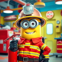 A female Minion dressed as a firefighter, complete with a bright red firefighter uniform featuring reflective stripes and a sturdy helmet adorned with a shiny fire department emblem