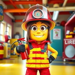 A female Minion dressed as a firefighter, complete with a bright red firefighter uniform featuring reflective stripes and a sturdy helmet adorned with a shiny fire department emblem
