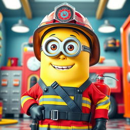 A female Minion dressed as a firefighter, complete with a bright red firefighter uniform featuring reflective stripes and a sturdy helmet adorned with a shiny fire department emblem