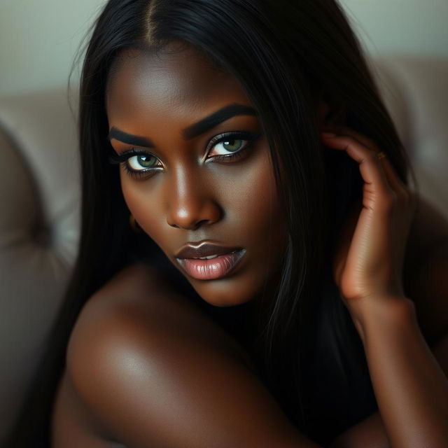 A stunning woman with dark skin, long straight hair, and captivating green eyes, posed elegantly while seated