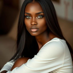 A stunning woman with dark skin, long straight hair, and enchanting green eyes, seated confidently in a serene setting