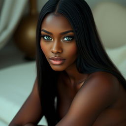 A stunning woman with dark skin, long straight hair, and enchanting green eyes, seated confidently in a serene setting