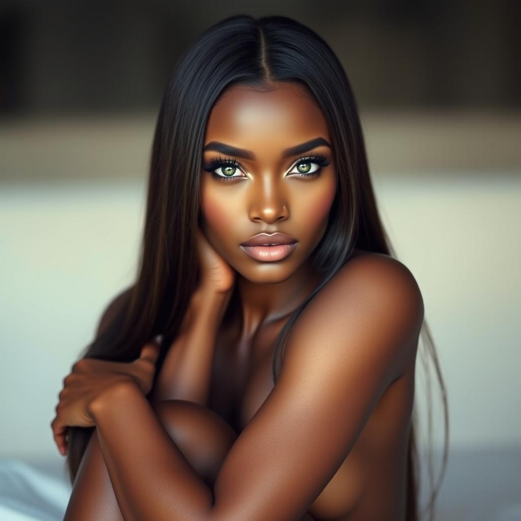 A stunning woman with dark skin, long straight hair, and enchanting green eyes, seated confidently in a serene setting