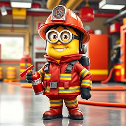 A full-body depiction of a female Minion dressed as a firefighter, showcasing every detail of her outfit