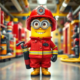 A full-body depiction of a female Minion dressed as a firefighter, showcasing every detail of her outfit