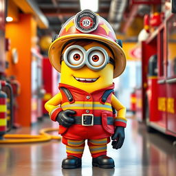 A full-body depiction of a female Minion dressed as a firefighter, showcasing every detail of her outfit