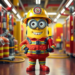 A full-body depiction of a female Minion dressed as a firefighter, showcasing every detail of her outfit