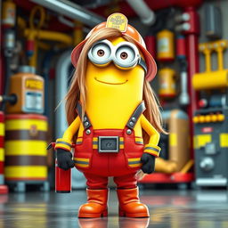 A full-body depiction of a female Minion with long hair, dressed as a firefighter