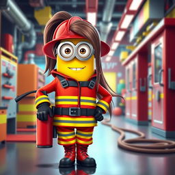 A full-body depiction of a female Minion with long hair, dressed as a firefighter