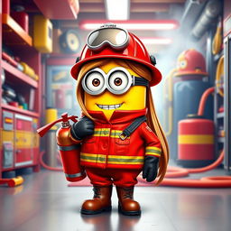 A full-body depiction of a female Minion with long hair, dressed as a firefighter