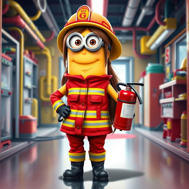 A full-body depiction of a female Minion with long hair, dressed as a firefighter