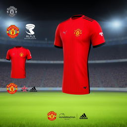 Design a football jersey in bright red color for the Muhammadiyah football team, inspired by the Manchester United kit
