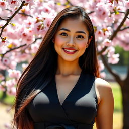 A portrait of a confident 18-year-old Asian woman, showcasing her features with huge breasts, dressed in a stylish, form-fitting outfit that accentuates her silhouette