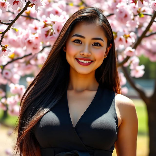 A portrait of a confident 18-year-old Asian woman, showcasing her features with huge breasts, dressed in a stylish, form-fitting outfit that accentuates her silhouette