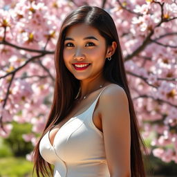 A portrait of a confident 18-year-old Asian woman, showcasing her features with huge breasts, dressed in a stylish, form-fitting outfit that accentuates her silhouette
