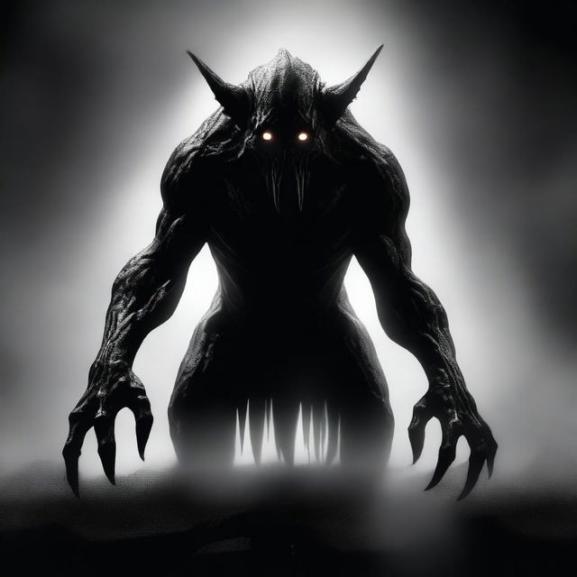 A high-quality digital art image featuring a terrifying mythical creature shrouded in darkness