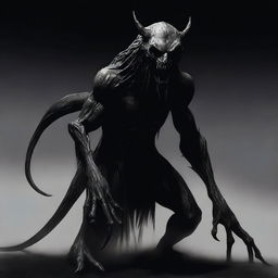 A high-quality digital art image featuring a terrifying mythical creature shrouded in darkness