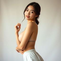 A tasteful artistic representation of an 18-year-old Asian woman with huge breasts, posed gracefully in a serene setting that showcases her natural beauty