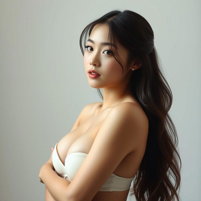 A tasteful artistic representation of an 18-year-old Asian woman with huge breasts, posed gracefully in a serene setting that showcases her natural beauty