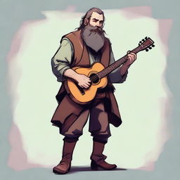 An image in the style of a high-quality digital art piece, depicting a scruffy-looking bard with a thick beard