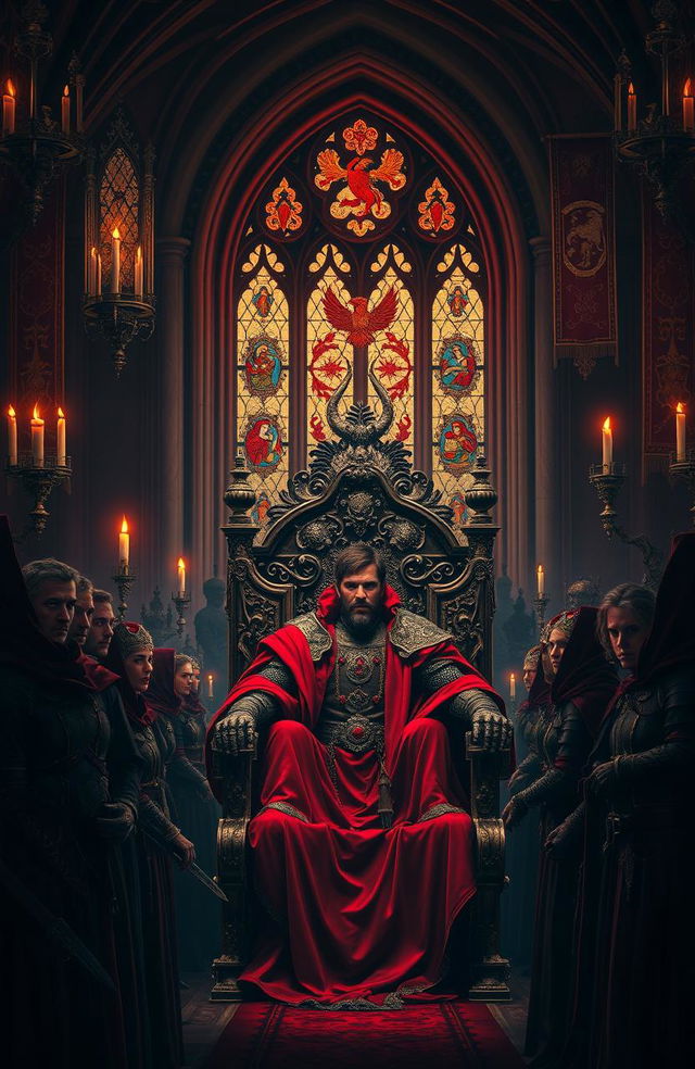 A dramatic and imposing scene of an ancient royal court with a blood-red color palette, showcasing a powerful figure dressed in ornate, dark medieval armor adorned with crimson accents, surrounded by loyal knights and courtiers