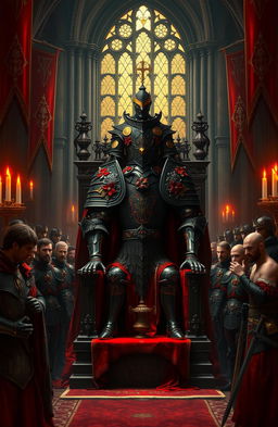 A dramatic and imposing scene of an ancient royal court with a blood-red color palette, showcasing a powerful figure dressed in ornate, dark medieval armor adorned with crimson accents, surrounded by loyal knights and courtiers