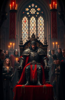 A dramatic and imposing scene of an ancient royal court with a blood-red color palette, showcasing a powerful figure dressed in ornate, dark medieval armor adorned with crimson accents, surrounded by loyal knights and courtiers