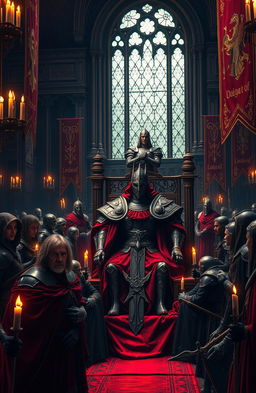 A dramatic and imposing scene of an ancient royal court with a blood-red color palette, showcasing a powerful figure dressed in ornate, dark medieval armor adorned with crimson accents, surrounded by loyal knights and courtiers