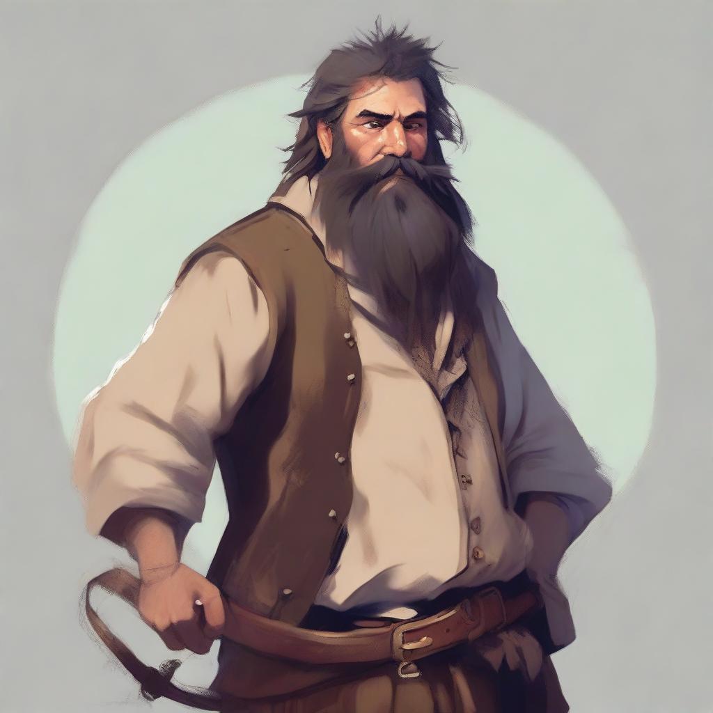 An image in the style of a high-quality digital art piece, depicting a scruffy-looking bard with a thick beard