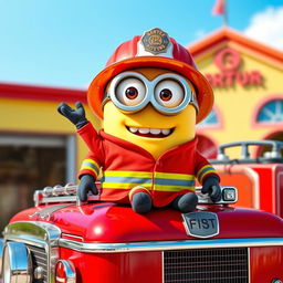 A cheerful Minion dressed in a bright red firefighter uniform, complete with reflective stripes and a helmet, sitting on top of a shiny red fire truck