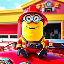 A cheerful Minion dressed in a bright red firefighter uniform, complete with reflective stripes and a helmet, sitting on top of a shiny red fire truck