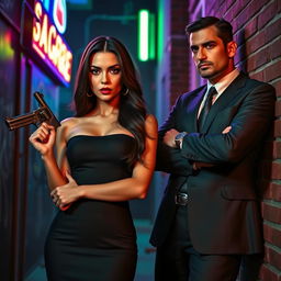 A dramatic scene featuring a powerful mafia duo, a woman and a man, representing the 'Sangre Mafia'