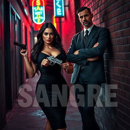 A dramatic scene featuring a powerful mafia duo, a woman and a man, representing the 'Sangre Mafia'