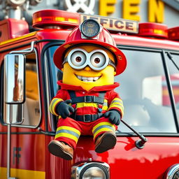 A full-body scene of a Minion dressed as a firefighter, sitting on a shiny red fire truck that is fully visible without any cropping