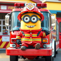 A full-body scene of a Minion dressed as a firefighter, sitting on a shiny red fire truck that is fully visible without any cropping