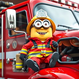A full-body scene of a Minion dressed as a firefighter, sitting on a shiny red fire truck that is fully visible without any cropping