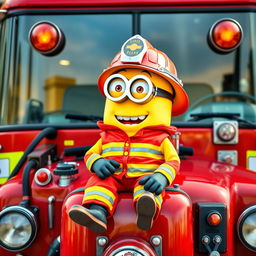 A full-body scene of a Minion dressed as a firefighter, sitting on a shiny red fire truck that is fully visible without any cropping