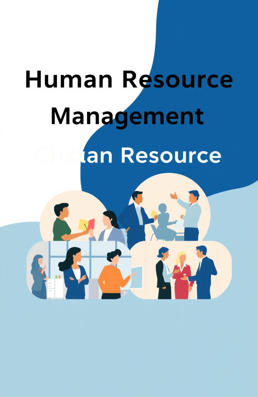 A visually appealing chapter cover for a Human Resource Management section, featuring a harmonious color palette of white, cream, dark blue, light blue, and lighter blue