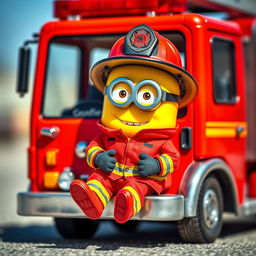 A delightful scene featuring a Minion dressed as a firefighter, sitting on a small but detailed fire truck