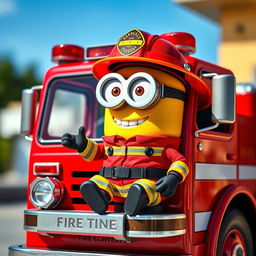 A delightful scene featuring a Minion dressed as a firefighter, sitting on a small but detailed fire truck