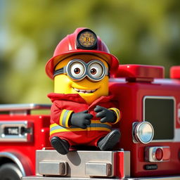 A delightful scene featuring a Minion dressed as a firefighter, sitting on a small but detailed fire truck
