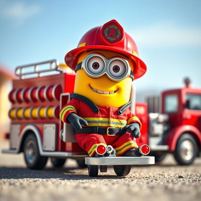 A delightful scene featuring a Minion dressed as a firefighter, sitting on a small but detailed fire truck