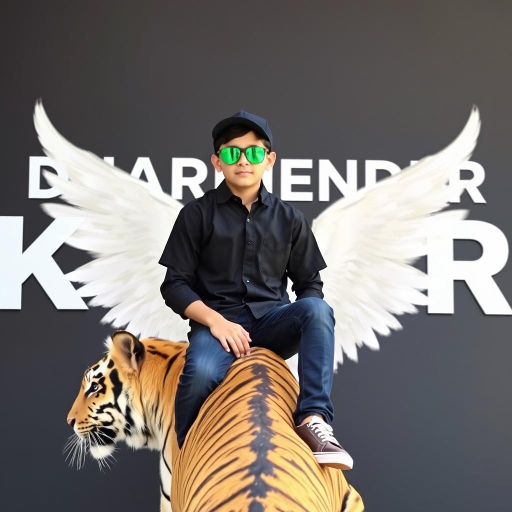 A boy in a black shirt casually sitting on a Wingback tiger, wearing sneakers, a black cricket cap, and green sunglasses, looking straight ahead