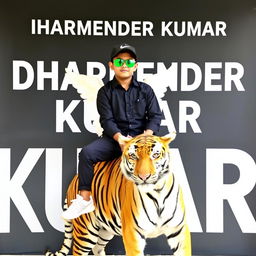 A boy in a black shirt casually sitting on a Wingback tiger, wearing sneakers, a black cricket cap, and green sunglasses, looking straight ahead