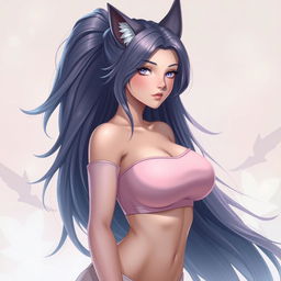 A striking female character with long, flowing hair that cascades elegantly down her back