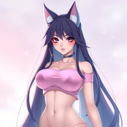 A striking female character with long, flowing hair that cascades elegantly down her back