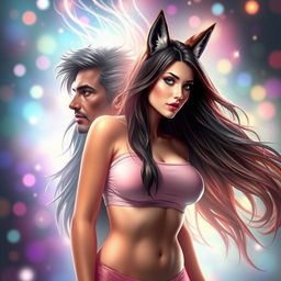An artistic representation of a transformation scene, showing a male character evolving into a stunning female with long, flowing hair