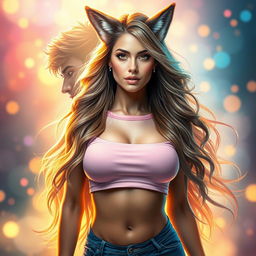 An artistic representation of a transformation scene, showing a male character evolving into a stunning female with long, flowing hair
