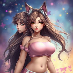 An artistic and magical transformation scene depicting a young character evolving into a beautiful female with long, flowing hair